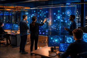 A photorealistic crypto and AI operations studio where researchers and developers review autonomous agent systems, token flows, and onchain activity on glass displays.