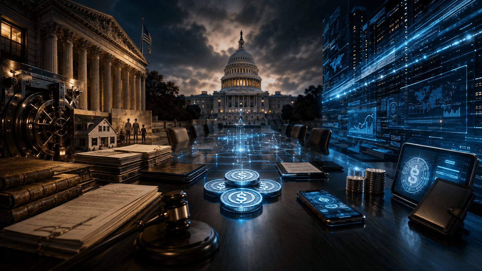 A cinematic financial scene shows traditional banking and crypto stablecoin infrastructure pulling against each other across a congressional hearing table.