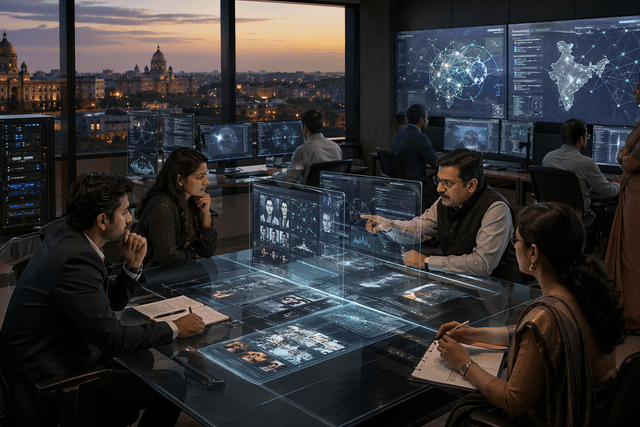 A photorealistic Indian cyber and policy operations room where officials review deepfake detection tools and platform monitoring dashboards at dusk.