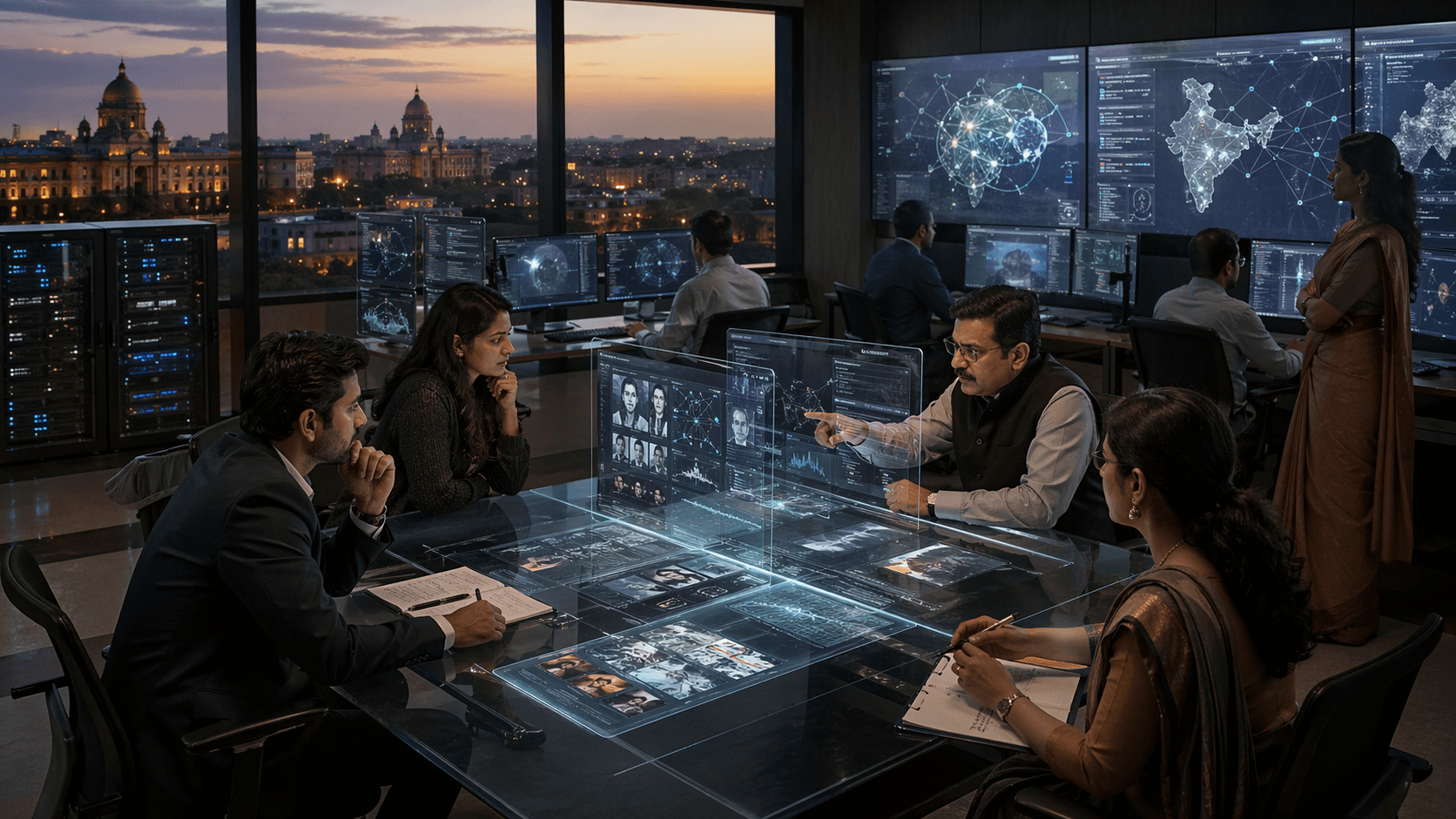 A photorealistic Indian cyber and policy operations room where officials review deepfake detection tools and platform monitoring dashboards at dusk.