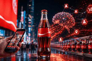 Alt text: A Coca-Cola glass bottle stands in the centre of a futuristic city scene while a hand holds a smartphone nearby, with glowing red AI-style network lines and digital icons flowing around the bottle and a production line of drinks in the background, symbolising AI-driven marketing, consumer targeting, and modern brand strategy.