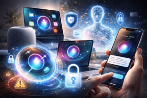illustration of AI assistants across devices, showing a smartphone, laptop, and smart speaker surrounded by glowing holographic interfaces. A human hand interacts with a phone while a translucent digital humanoid figure represents AI. Floating icons for security, privacy locks, and warning symbols highlight control, permissions, and trust in AI systems.