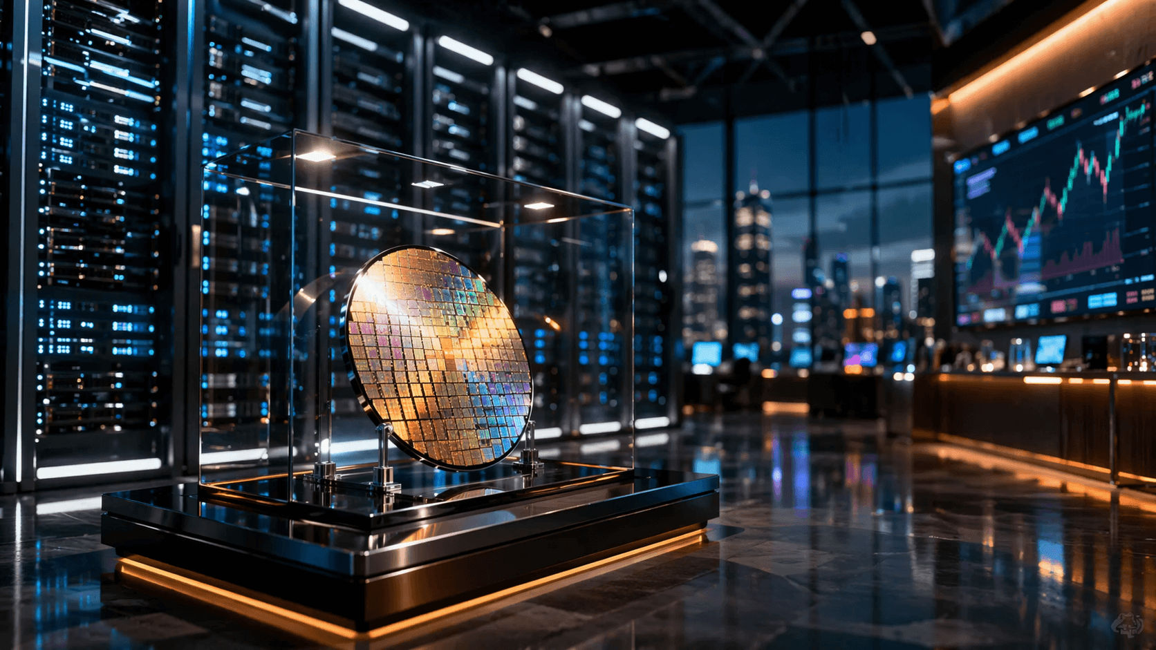 A photorealistic scene of a glowing next generation AI processor in a sleek corporate setting with data center racks and faint market reflections suggesting an upcoming public listing.