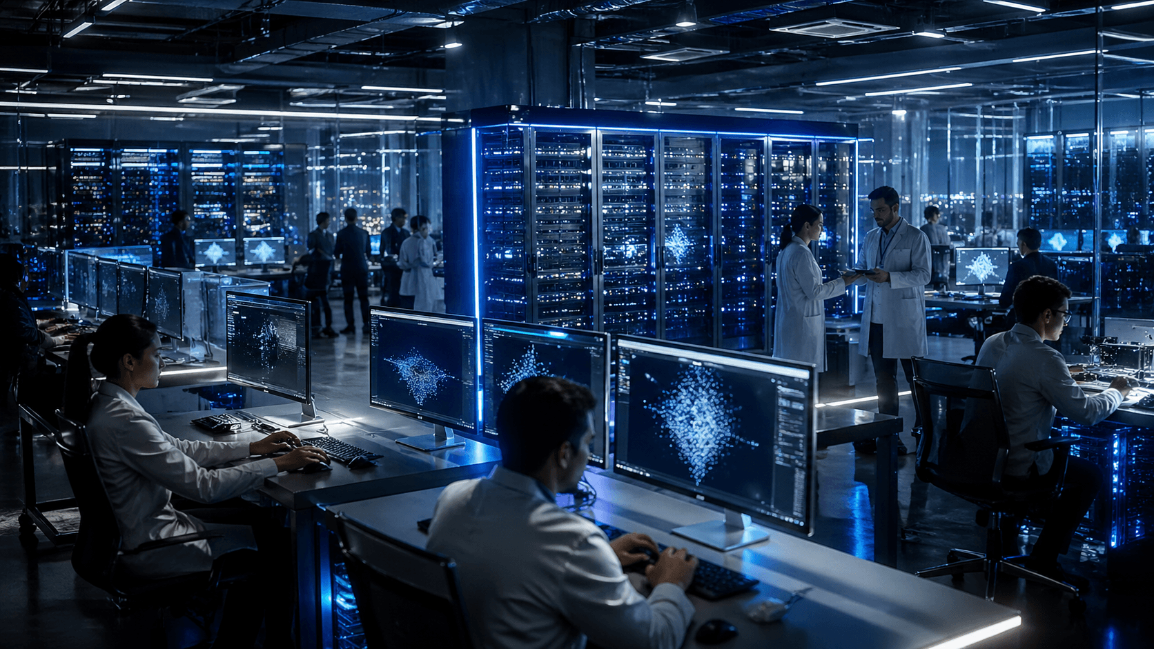 A photorealistic AI research lab with engineers working beside glowing servers and advanced computer systems.