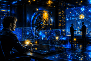A cinematic cybersecurity operations room shows analysts protecting a glowing crypto network, symbolising always-on defence across code, keys, people, and infrastructure.