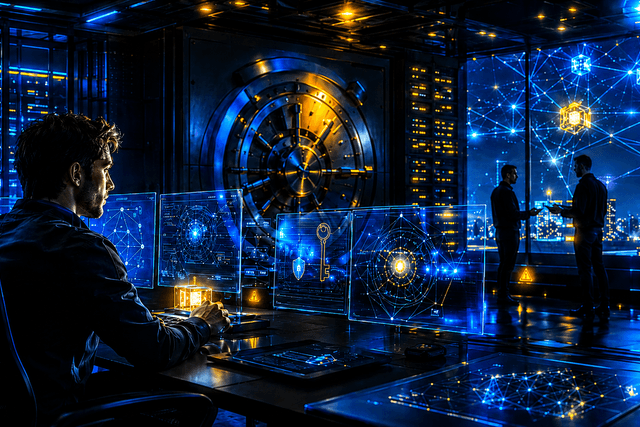 A cinematic cybersecurity operations room shows analysts protecting a glowing crypto network, symbolising always-on defence across code, keys, people, and infrastructure.
