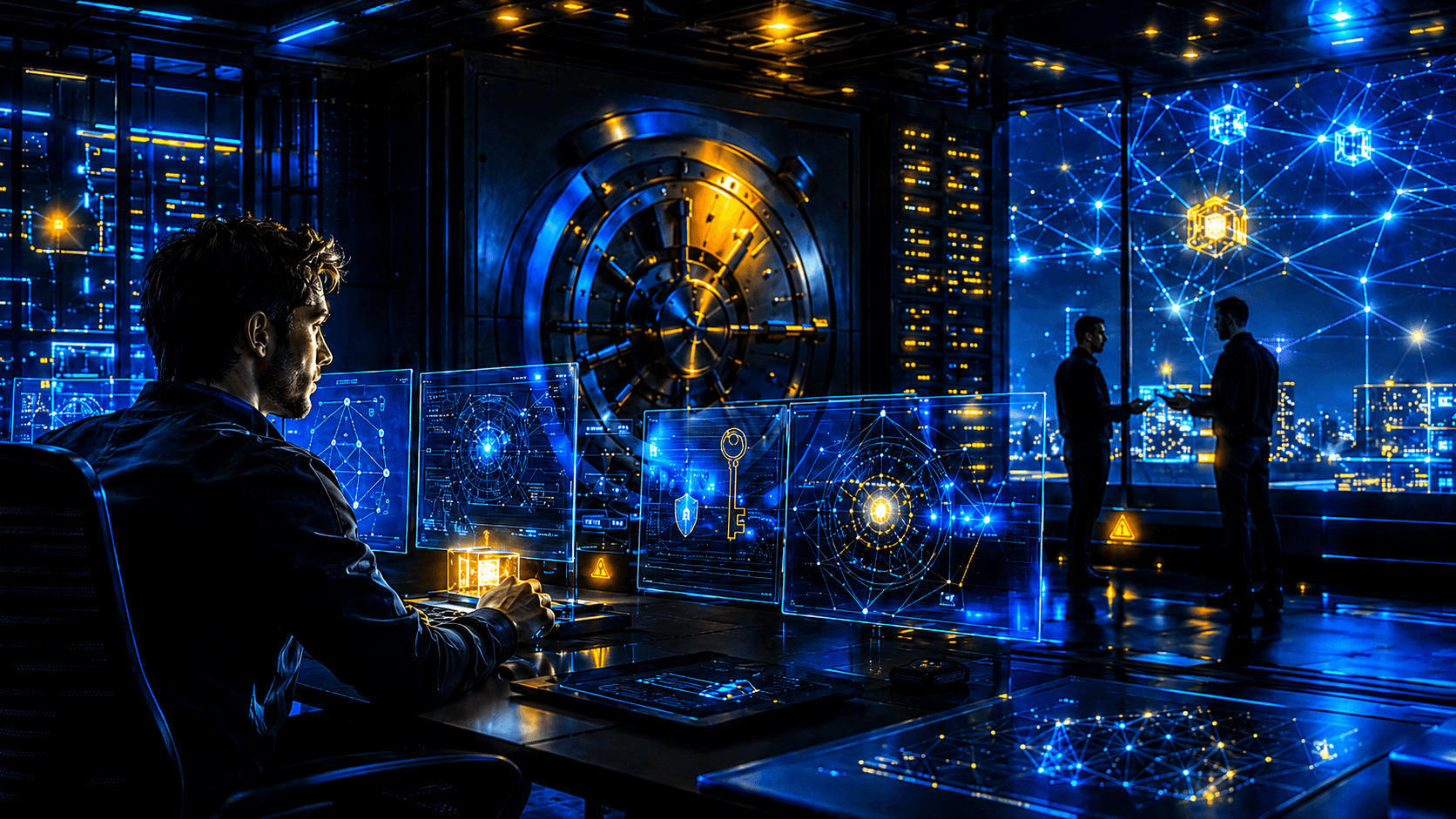 A cinematic cybersecurity operations room shows analysts protecting a glowing crypto network, symbolising always-on defence across code, keys, people, and infrastructure.