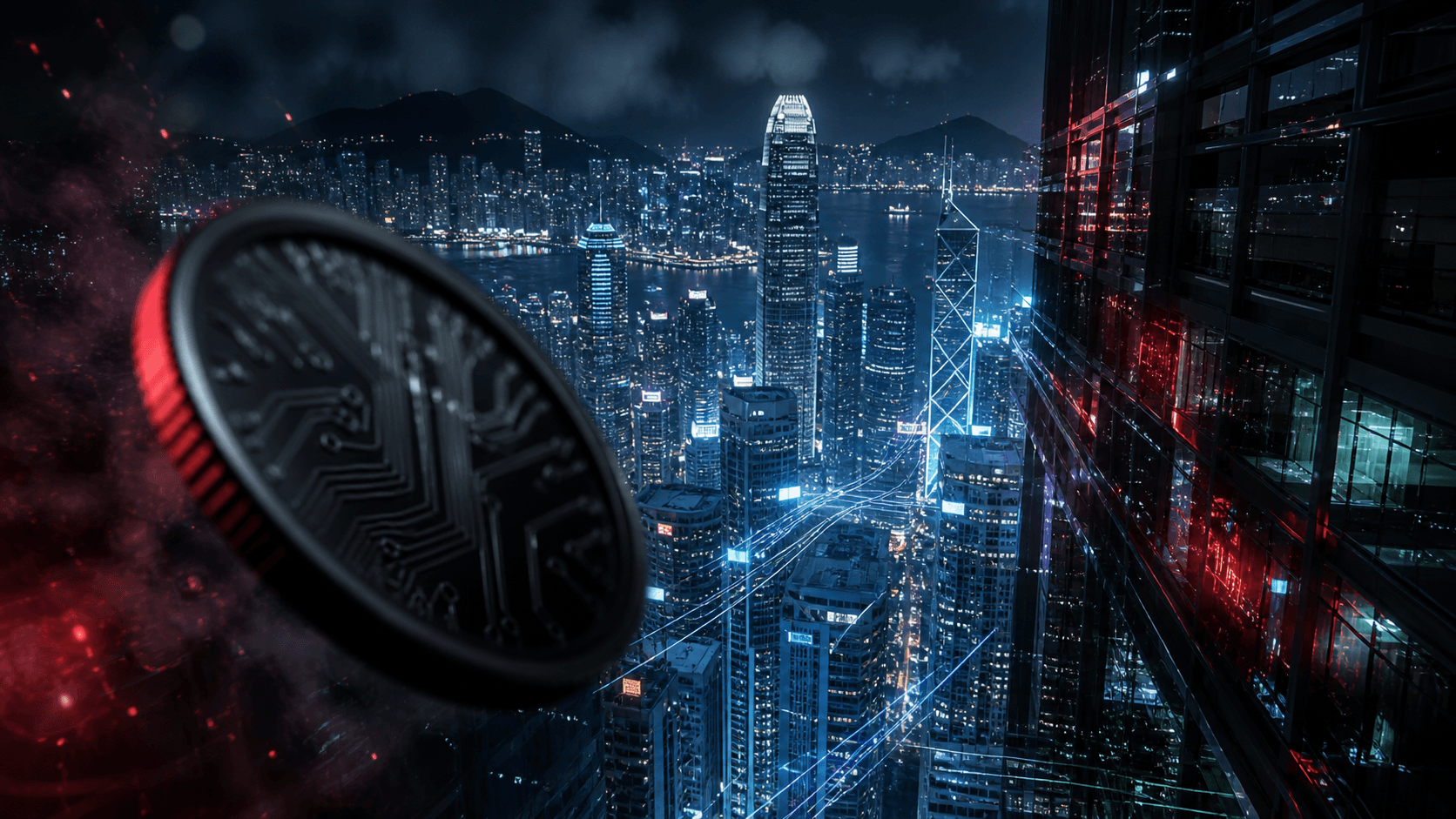 A cinematic night scene of Hong Kong’s financial district with digital payment lines and a suspicious unmarked crypto token symbolising fake bank-branded stablecoins.