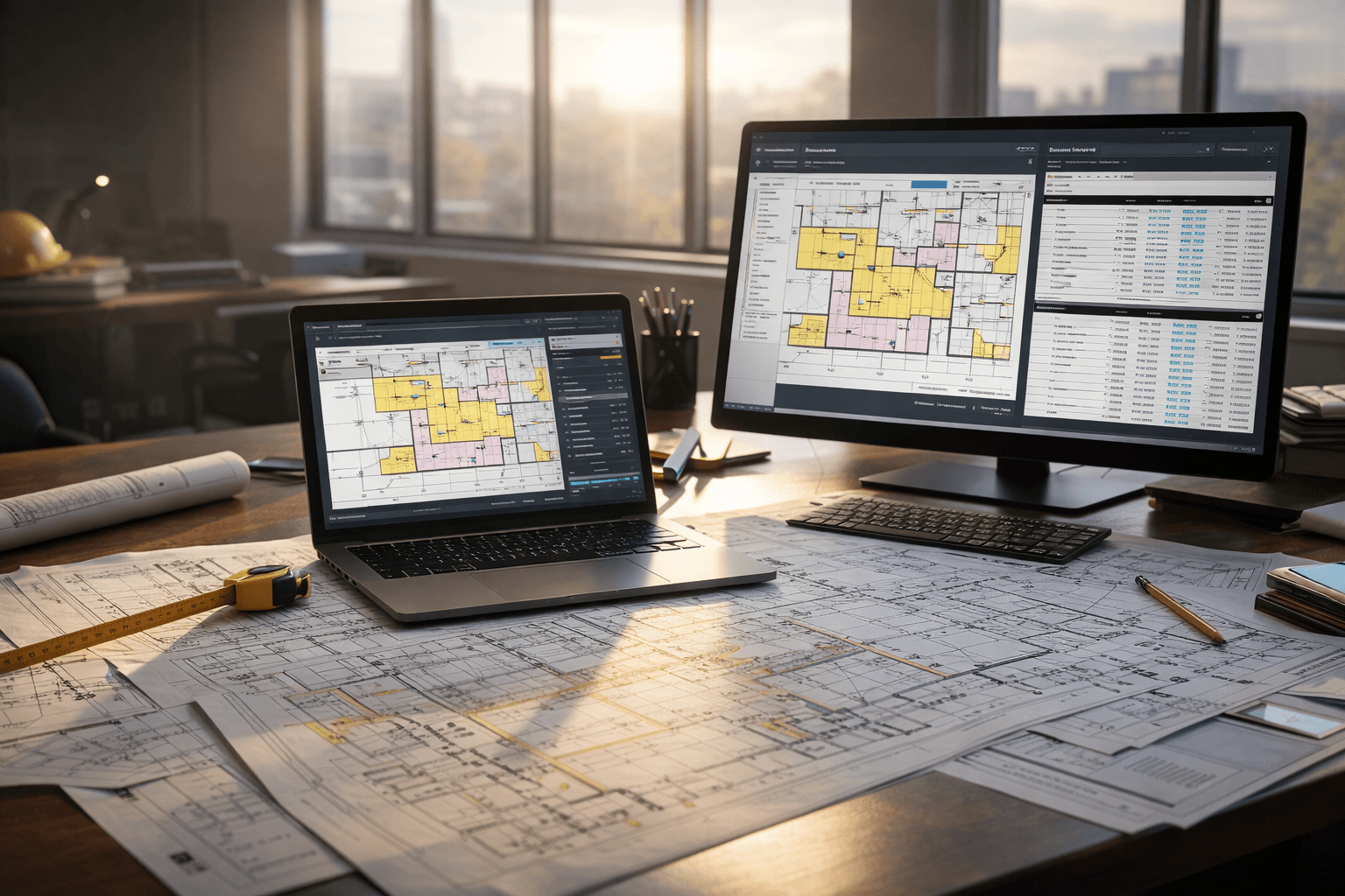 A modern construction estimating workspace with blueprints, a laptop showing AI-assisted takeoffs, and a second screen displaying cost estimates.