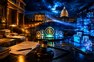 A cinematic policy table shows banks, stablecoin tokens, digital wallets, and regulatory documents caught between the White House and Capitol-style buildings.