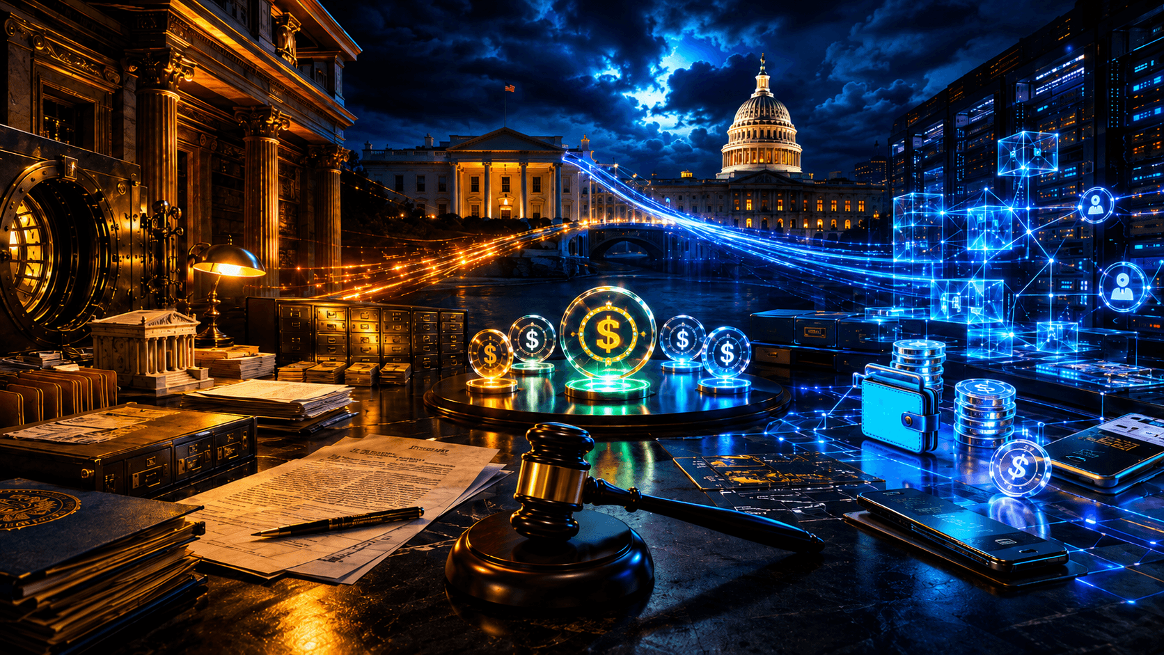 A cinematic policy table shows banks, stablecoin tokens, digital wallets, and regulatory documents caught between the White House and Capitol-style buildings.
