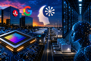 A wide futuristic AI infrastructure scene showing a glowing computer chip in the foreground, large glass office buildings at sunset, a massive data centre complex stretching into the distance, rows of blue lit server racks, and two luminous digital human silhouettes representing artificial intelligence. Logos for major tech companies appear above the skyline, reinforcing the theme of advanced computing, cloud infrastructure, and large scale AI partnerships.