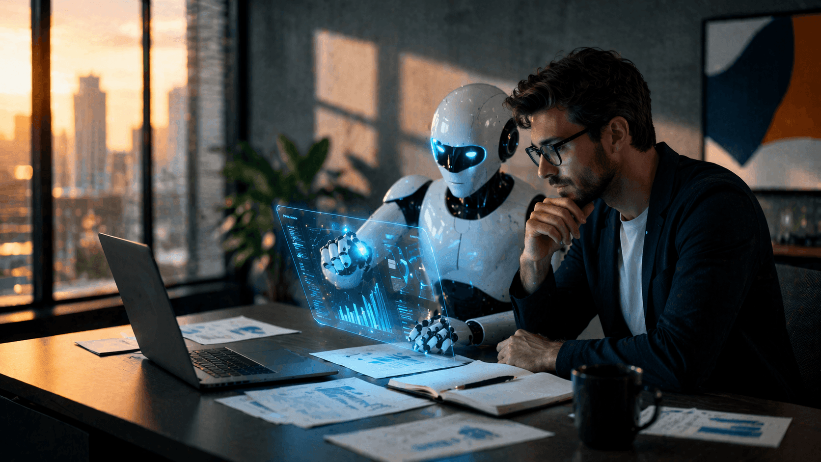 A wide cinematic image of a modern office at sunset showing a businessman and a white humanoid robot working side by side at a desk. A glowing transparent screen with charts and graphs floats above a laptop, while a blue digital brain made of connected light points glows in the background, suggesting advanced AI and workplace automation.