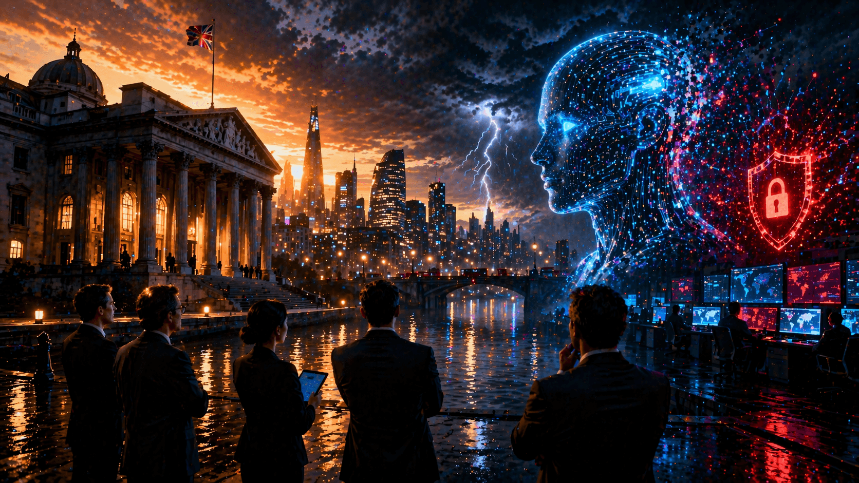 A dramatic futuristic scene showing a group of business professionals standing beside a river in a modern city at sunset, facing a massive glowing digital AI head made of light and data. On one side, a classical government building represents traditional institutions, while on the other, a high-tech control centre