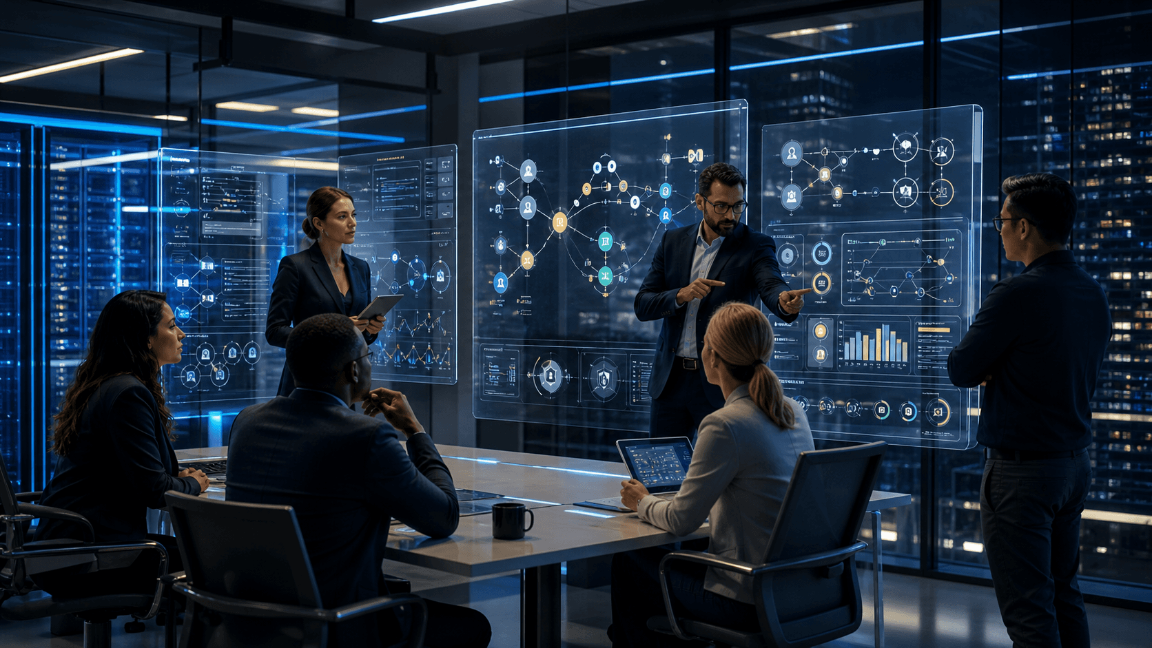 A customer experience team reviews AI agent workflows, data pipelines, and human handoff controls inside a modern enterprise operations centre.