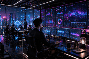 A photorealistic enterprise control room showing professionals using AI-enhanced software dashboards and analytics in a modern Chinese office at night.