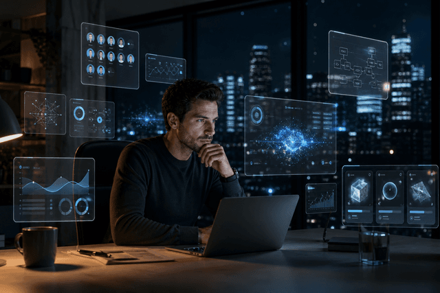 A cinematic scene of a founder studying AI learning tools and demand-signal dashboards in a quiet office, symbolising evidence-backed building.
