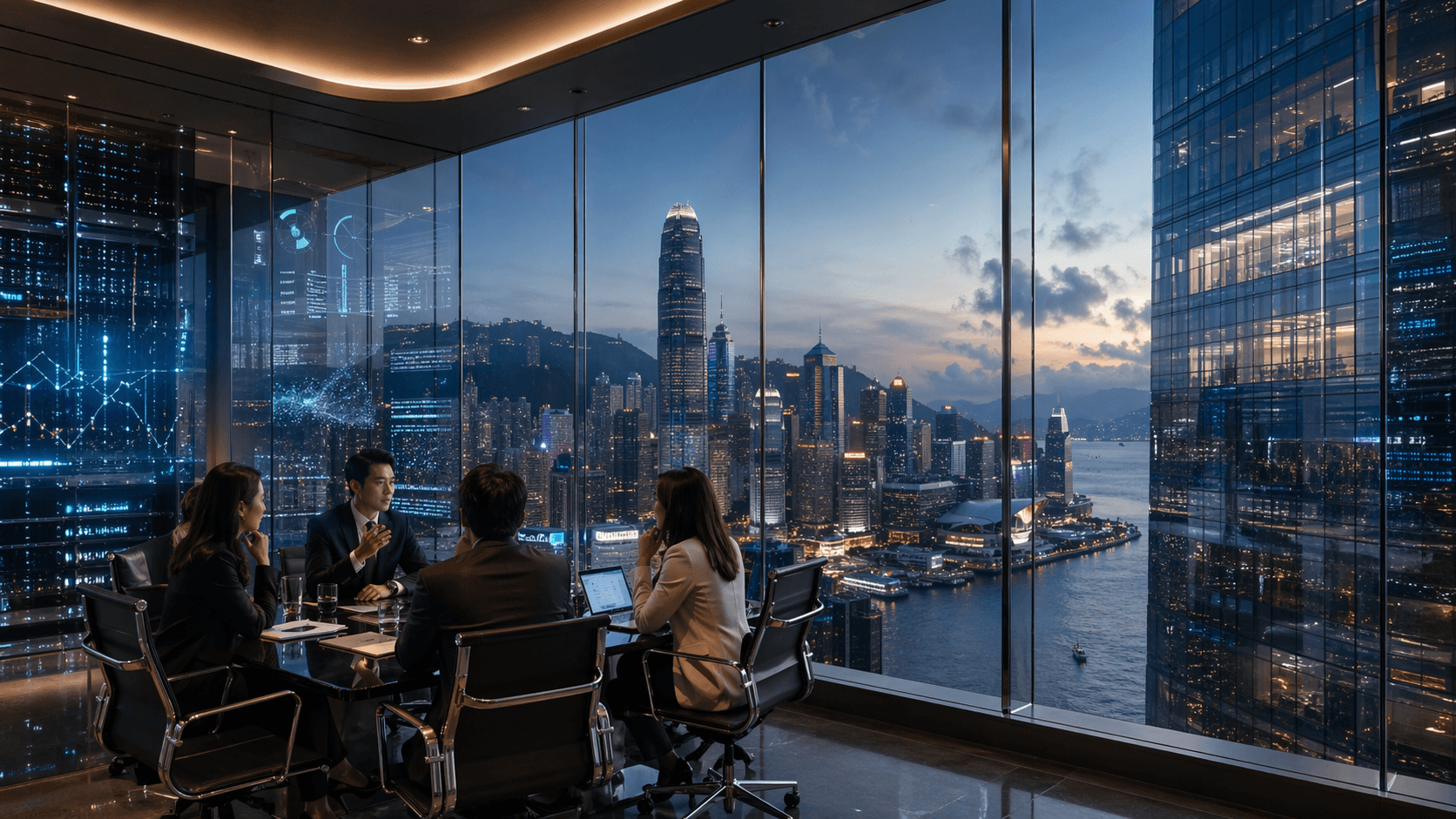 A photorealistic view of Hong Kong’s skyline at dusk with subtle AI interface reflections, modern offices, and a professional technology governance atmosphere overlooking Victoria Harbour