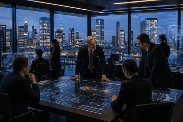 A photorealistic European banking operations room at dusk where officials and cybersecurity staff monitor advanced AI-driven threat data with a city skyline in the background.