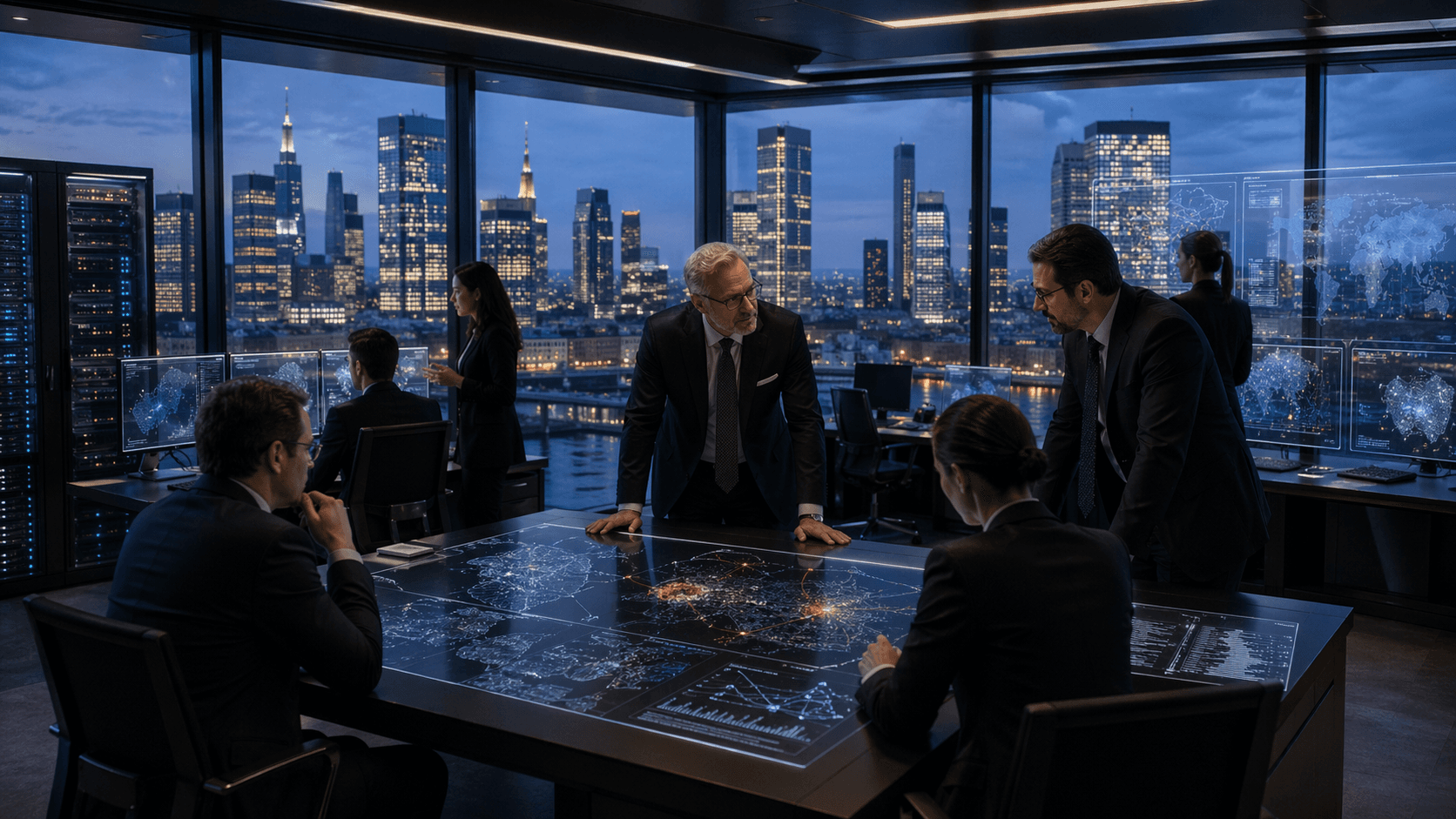 A photorealistic European banking operations room at dusk where officials and cybersecurity staff monitor advanced AI-driven threat data with a city skyline in the background.
