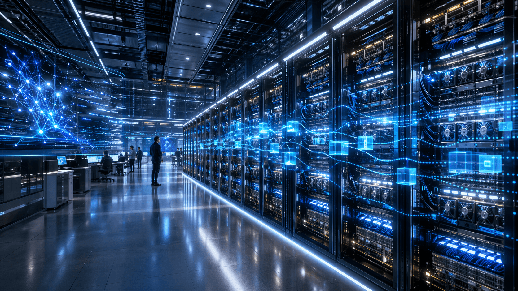 A futuristic ai data centre glows with advanced server racks and flowing digital interfaces that suggest fast, large-scale inference processing.