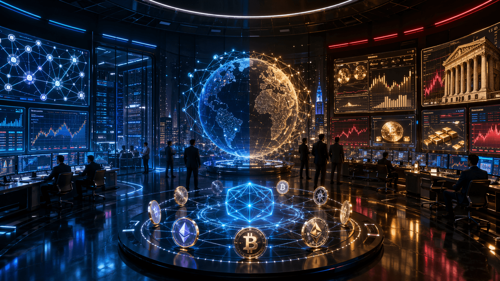 A cinematic financial technology command centre shows DeFi networks, tokenised assets, stablecoin rails, and analysts monitoring crypto market risk at night.