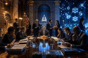 A cinematic financial policy room showing lawmakers weighing crypto regulation between traditional banking infrastructure and glowing digital asset networks.
