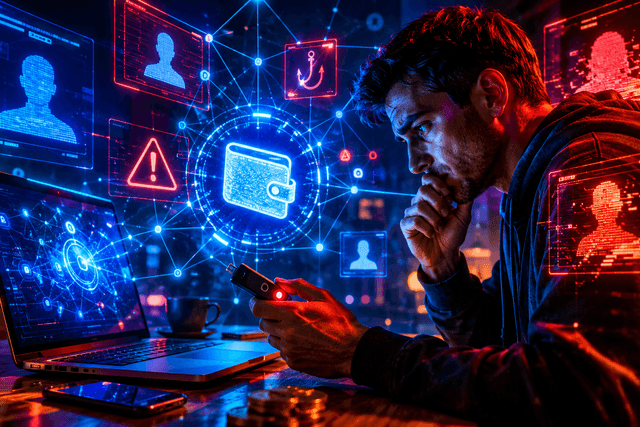 A realistic crypto security scene showing a user protecting a digital wallet from fake airdrop and impersonation scam threats.