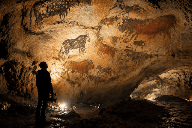 A cinematic view inside an ancient cave with prehistoric paintings glowing under soft torchlight, while a lone modern figure stands observing the artwork.