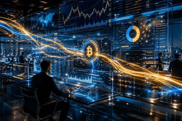 A futuristic Wall Street trading floor showing glowing Bitcoin ETF flows moving through institutional portfolio screens and market dashboards.