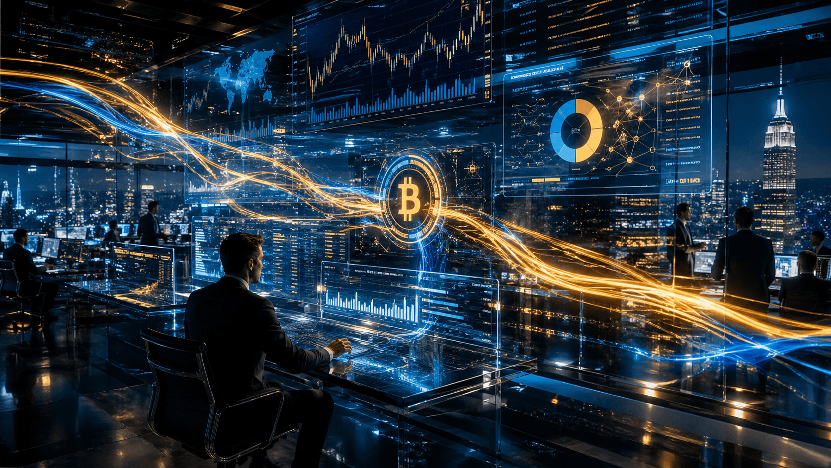 A futuristic Wall Street trading floor showing glowing Bitcoin ETF flows moving through institutional portfolio screens and market dashboards.