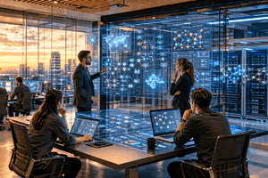A photorealistic enterprise AI operations room where analysts and developers review governed workflows, agent systems, and secure data pipelines on glass displays.