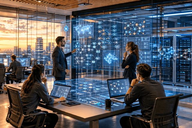 A photorealistic enterprise AI operations room where analysts and developers review governed workflows, agent systems, and secure data pipelines on glass displays.