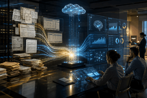A cinematic enterprise operations room showing messy business records being transformed into structured AI workflows under human supervision.