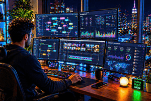 A creator works at a modern desk using multiple screens showing AI systems and growing online community metrics.