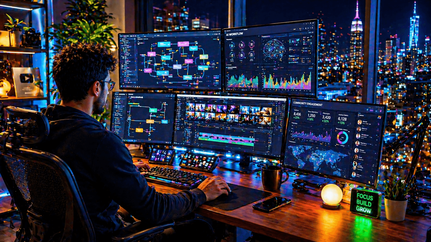 A creator works at a modern desk using multiple screens showing AI systems and growing online community metrics.