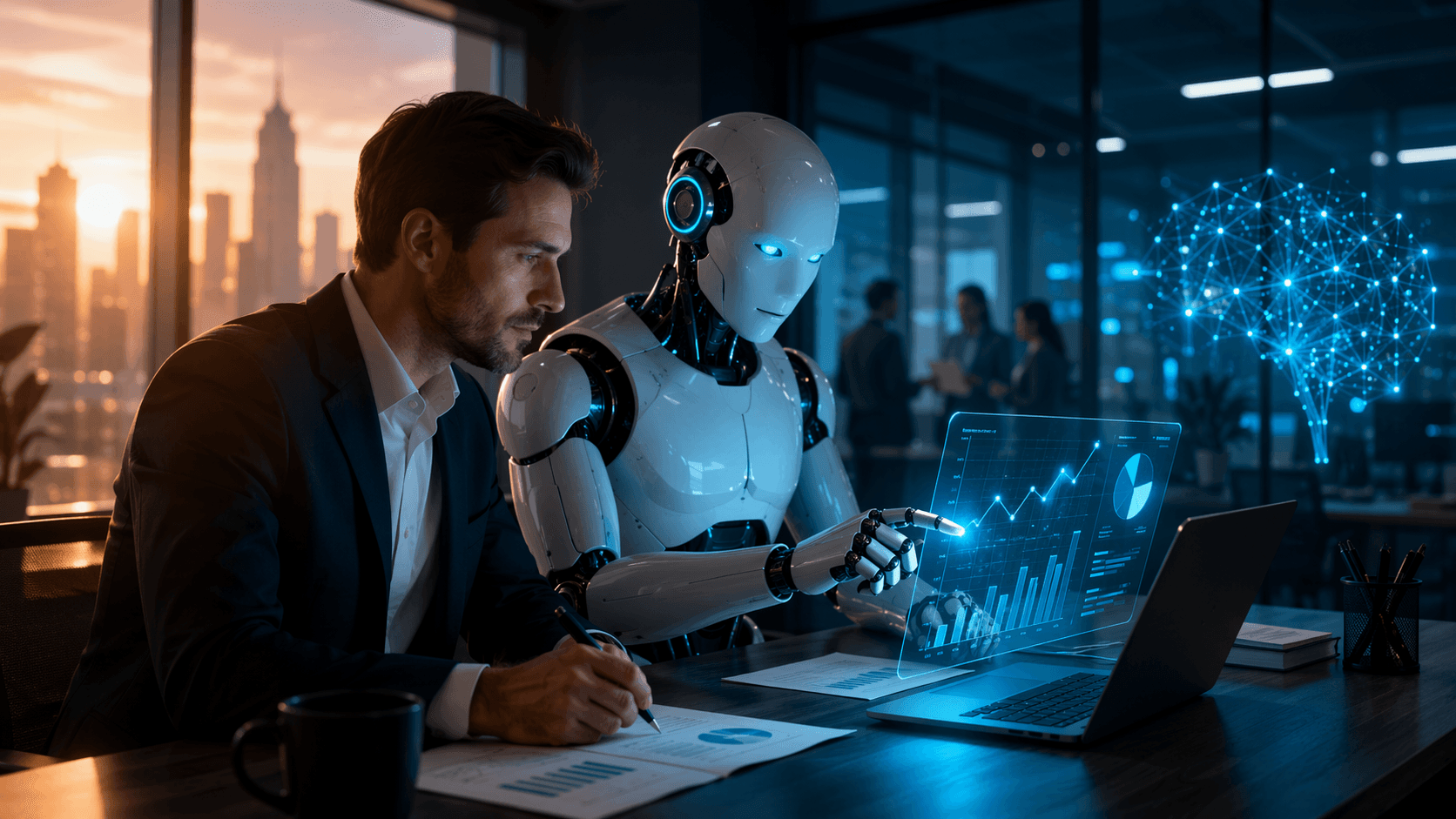 A cinematic wide image of a modern office at sunset showing a businessman and a white humanoid robot working side by side at a desk. A glowing transparent data screen with charts and graphs floats above a laptop, while a blue network shaped like a digital brain glows in the background, suggesting controlled AI use in a high tech business setting.
