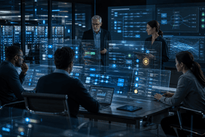A modern enterprise software team reviews AI-assisted low-code workflows, governance controls, and system integrations in a cinematic command centre.