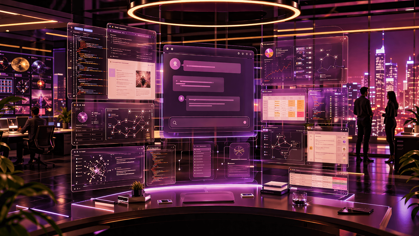 A futuristic AI workspace shows coding tools, browser panels, research screens, and workflow dashboards merging into one unified digital system.
