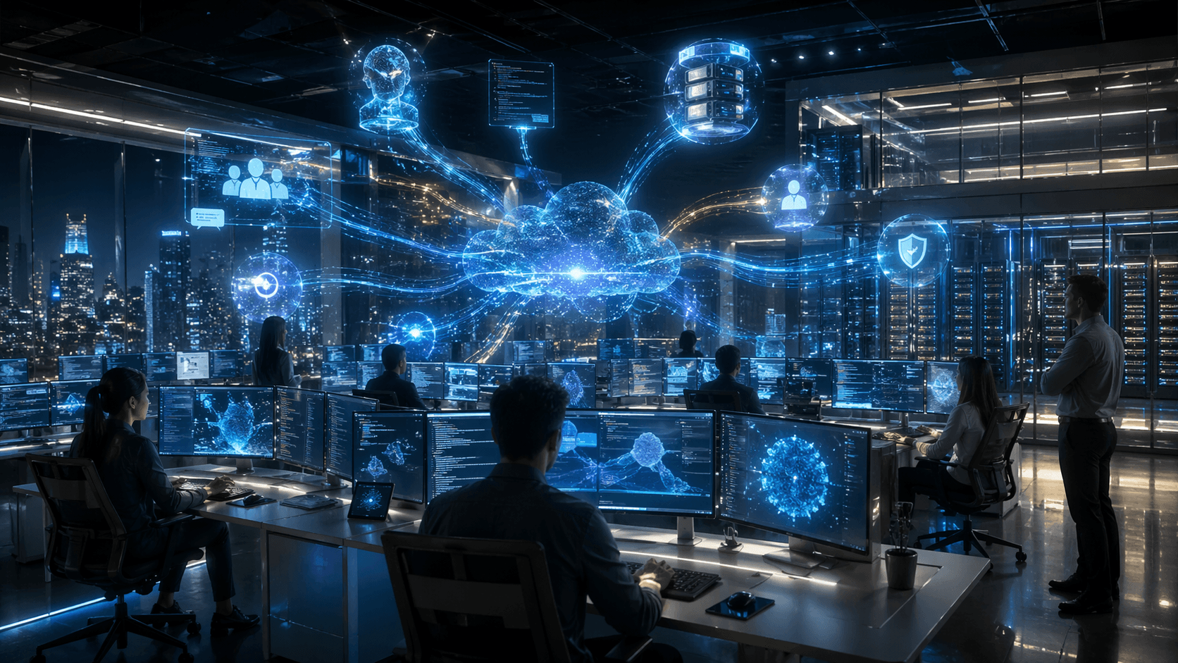 A futuristic AI operations centre shows human supervisors monitoring networks of specialised AI agents as they coordinate across enterprise systems and cloud infrastructure.