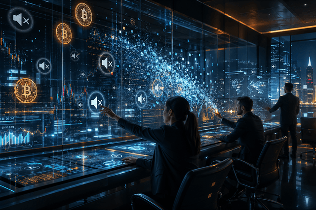 A futuristic social media control room showing crypto content being muted and filtered from glowing digital feeds.