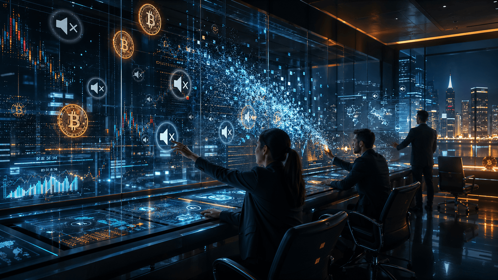 A futuristic social media control room showing crypto content being muted and filtered from glowing digital feeds.