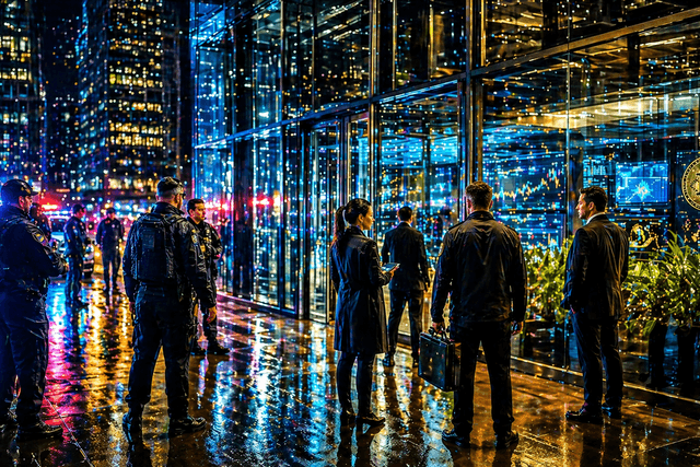 Police and financial regulators stand outside a modern glass office at night while glowing crypto trading screens shine inside.