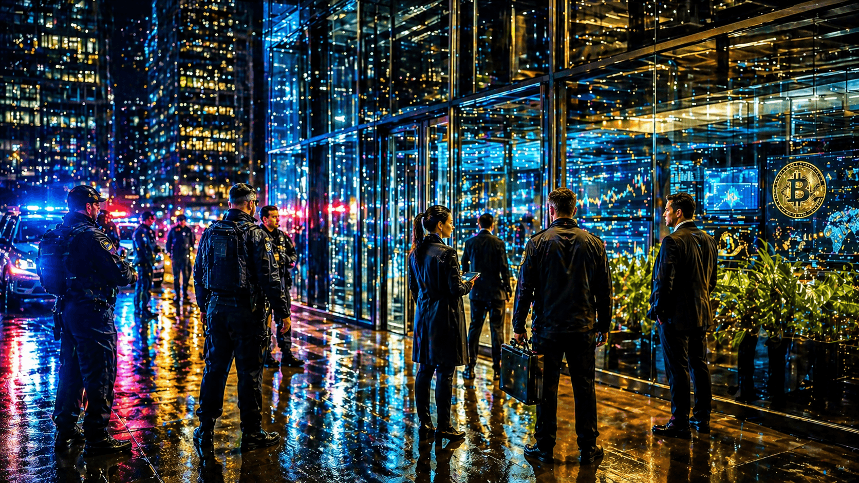 Police and financial regulators stand outside a modern glass office at night while glowing crypto trading screens shine inside.