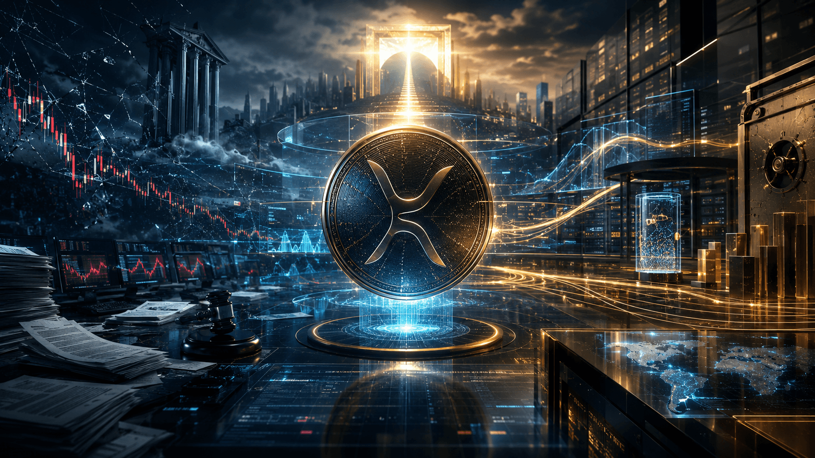 A cinematic XRP-inspired digital asset floats between legal pressure, institutional liquidity, and a glowing price-discovery gate.