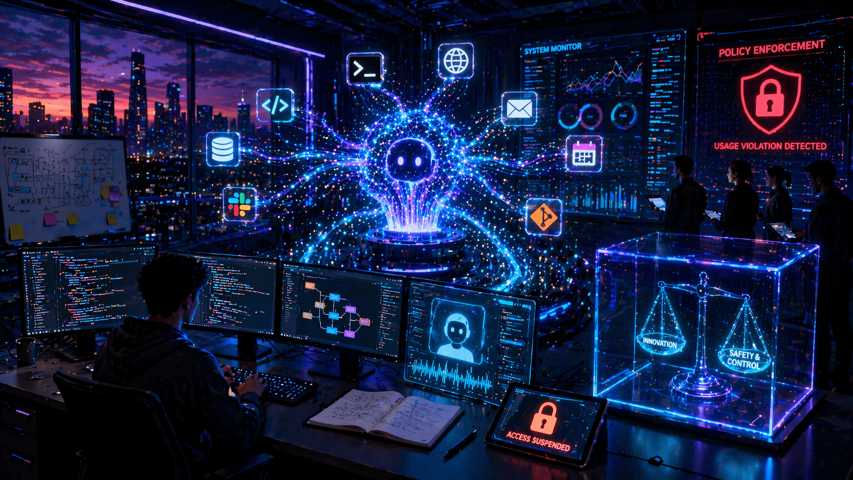 A futuristic AI control room showing an advanced digital assistant system connected to multiple tools, with glowing data streams, code interfaces, and a central AI core being monitored, symbolising the tension between AI control, developer experimentation, and platform restrictions.