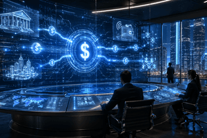 A cinematic financial control room showing digital dollar flows moving between banks, crypto wallets, payment networks and blockchain infrastructure.