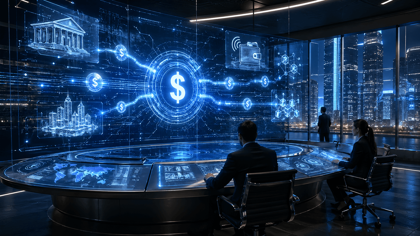 A cinematic financial control room showing digital dollar flows moving between banks, crypto wallets, payment networks and blockchain infrastructure.