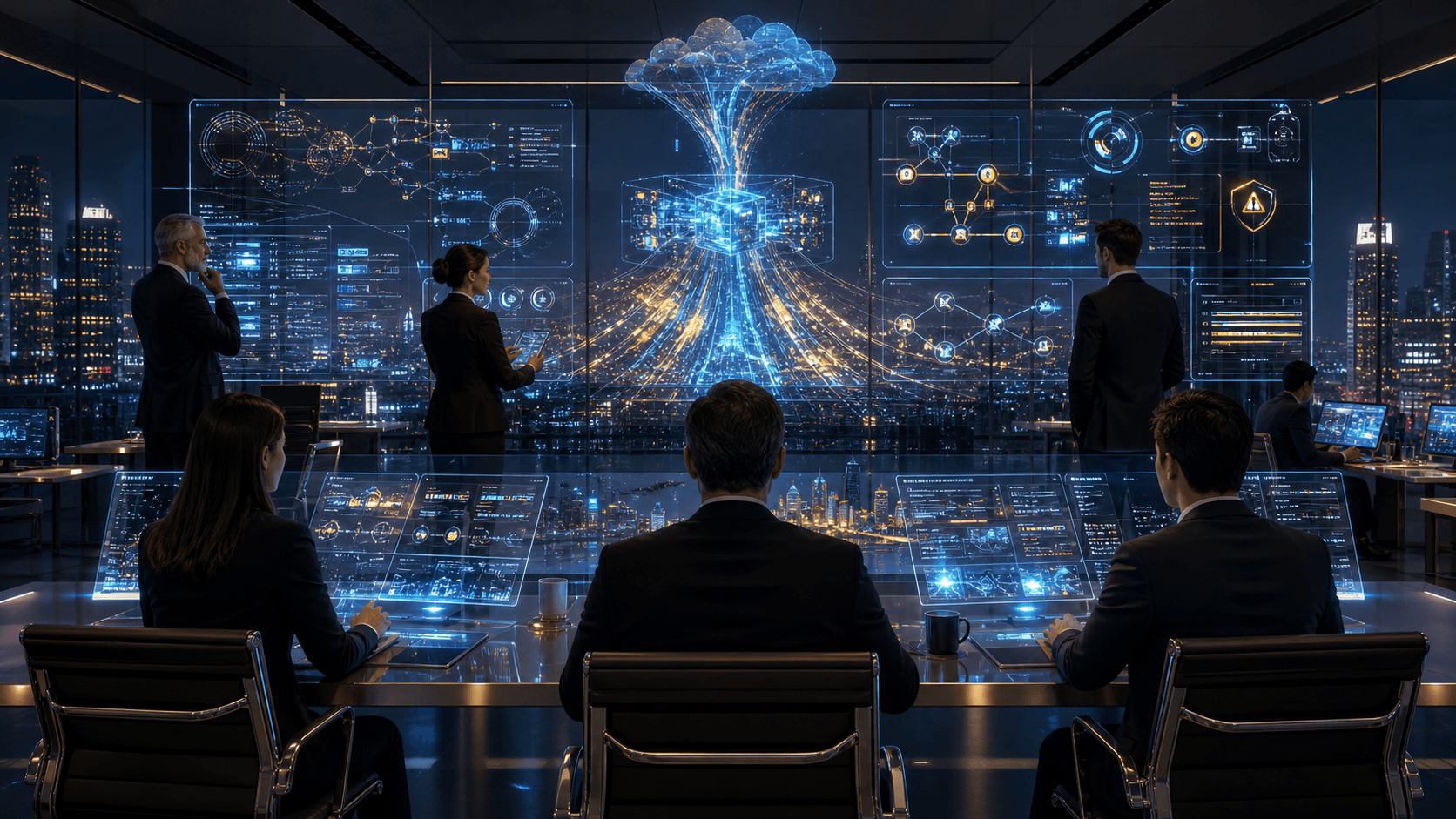A futuristic enterprise command centre where finance and engineering leaders monitor AI agent costs, workflow outcomes and risk dashboards.