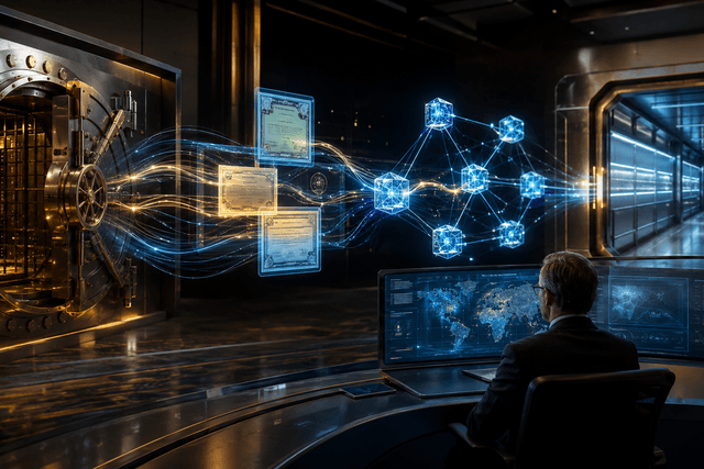 A cinematic institutional finance control room showing traditional banking infrastructure connected to glowing blockchain-style cash rails.